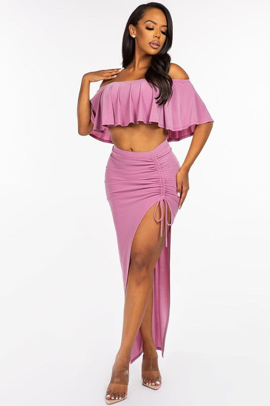 Mauve Pink Off The Shoulder Ruffled Cropped Top And Ruched Maxi Skirt oufit Set Matching Sets jehouze 