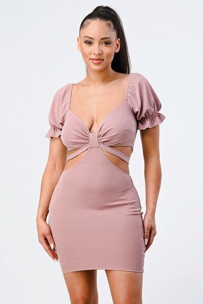 Mauve Pink Side Cutout Back Tie Short Sleeve Mini Bodycon Dress Dresses jehouze