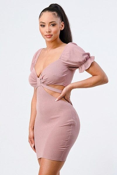 Mauve Pink Side Cutout Back Tie Short Sleeve Mini Bodycon Dress Dresses jehouze