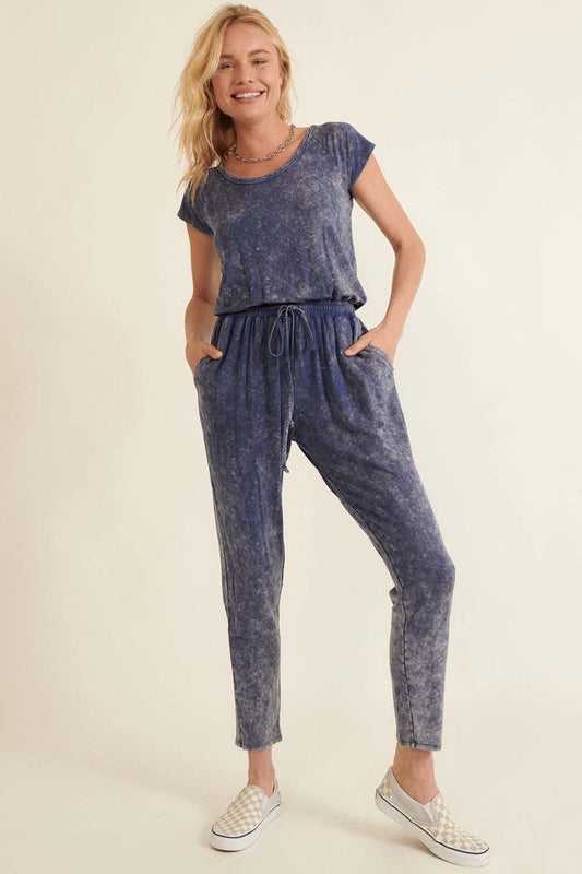 Mineral Washed Finish Knit Blue Jumpsuit Jumpsuits & Rompers jehouze