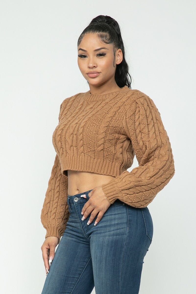 Mocha Brown Cropped Long Sleeve Cable Pullover Sweater Top jehouze