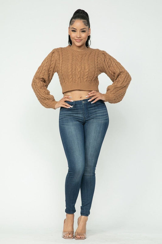 Mocha Brown Cropped Long Sleeve Cable Pullover Sweater Top jehouze