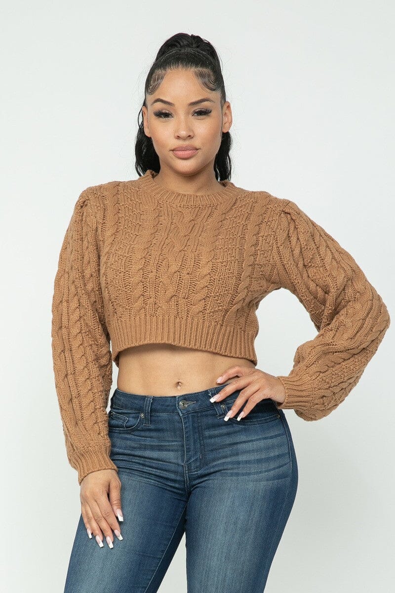 Mocha Brown Cropped Long Sleeve Cable Pullover Sweater Top jehouze