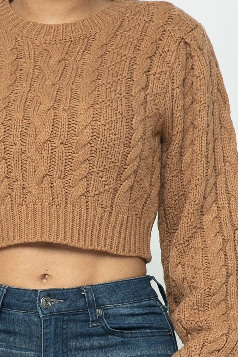 Mocha Brown Cropped Long Sleeve Cable Pullover Sweater Top jehouze