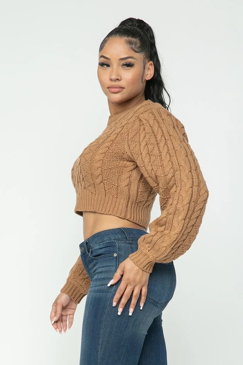 Mocha Brown Cropped Long Sleeve Cable Pullover Sweater Top jehouze