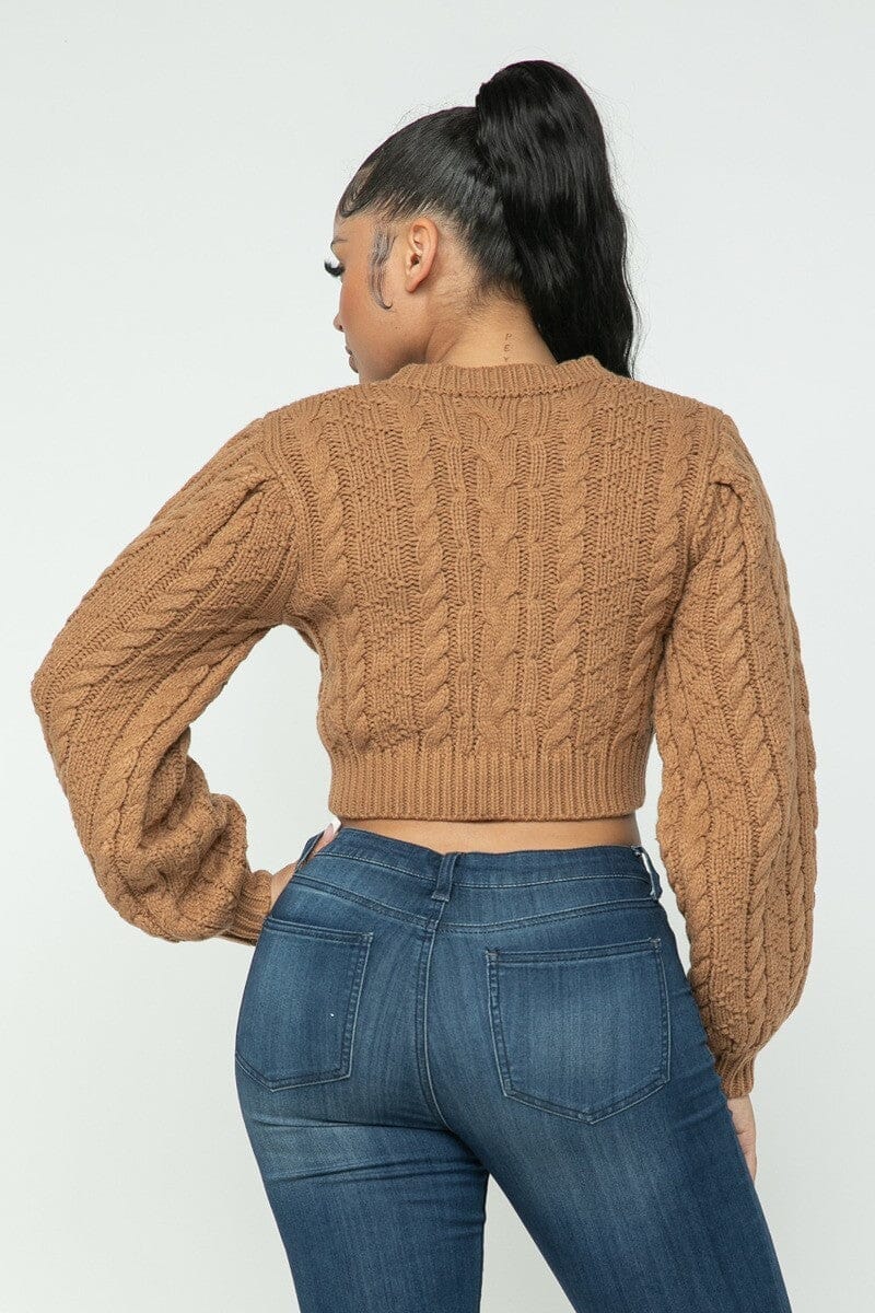Mocha Brown Cropped Long Sleeve Cable Pullover Sweater Top jehouze