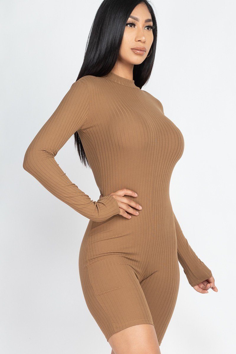 Mocha Brown Mock Neck Long Sleeve Back Zipper Ribbed Knit Romper Jumpsuits & Rompers jehouze