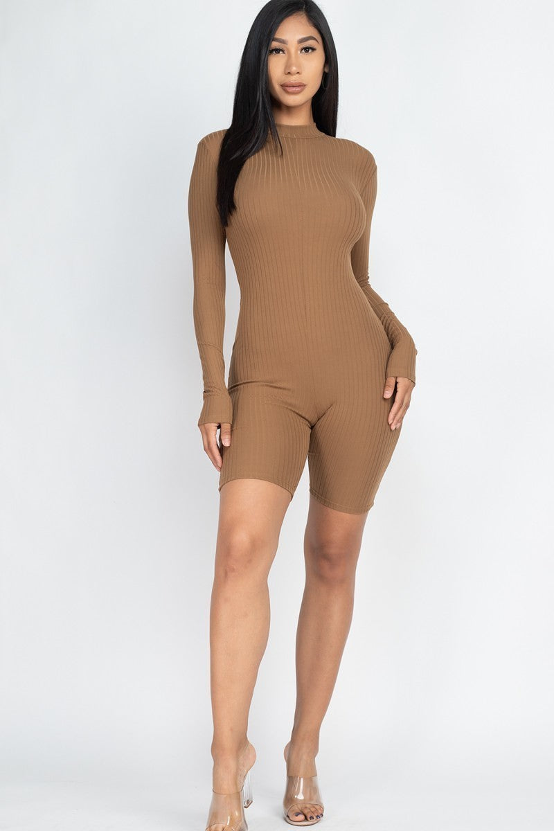 Mocha Brown Mock Neck Long Sleeve Back Zipper Ribbed Knit Romper Jumpsuits & Rompers jehouze