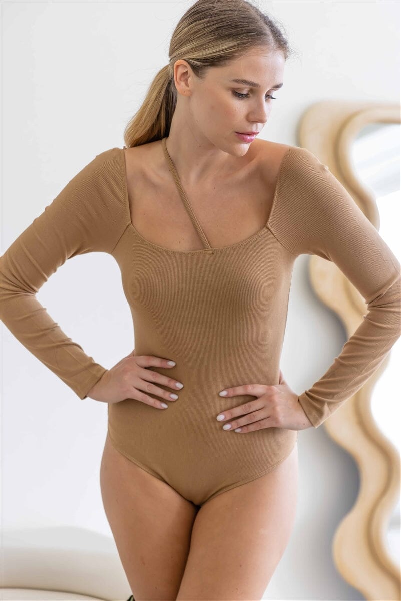 Mocha Brown Ribbed Strap Square Neck Long Sleeve Bodysuit bodysuit jehouze