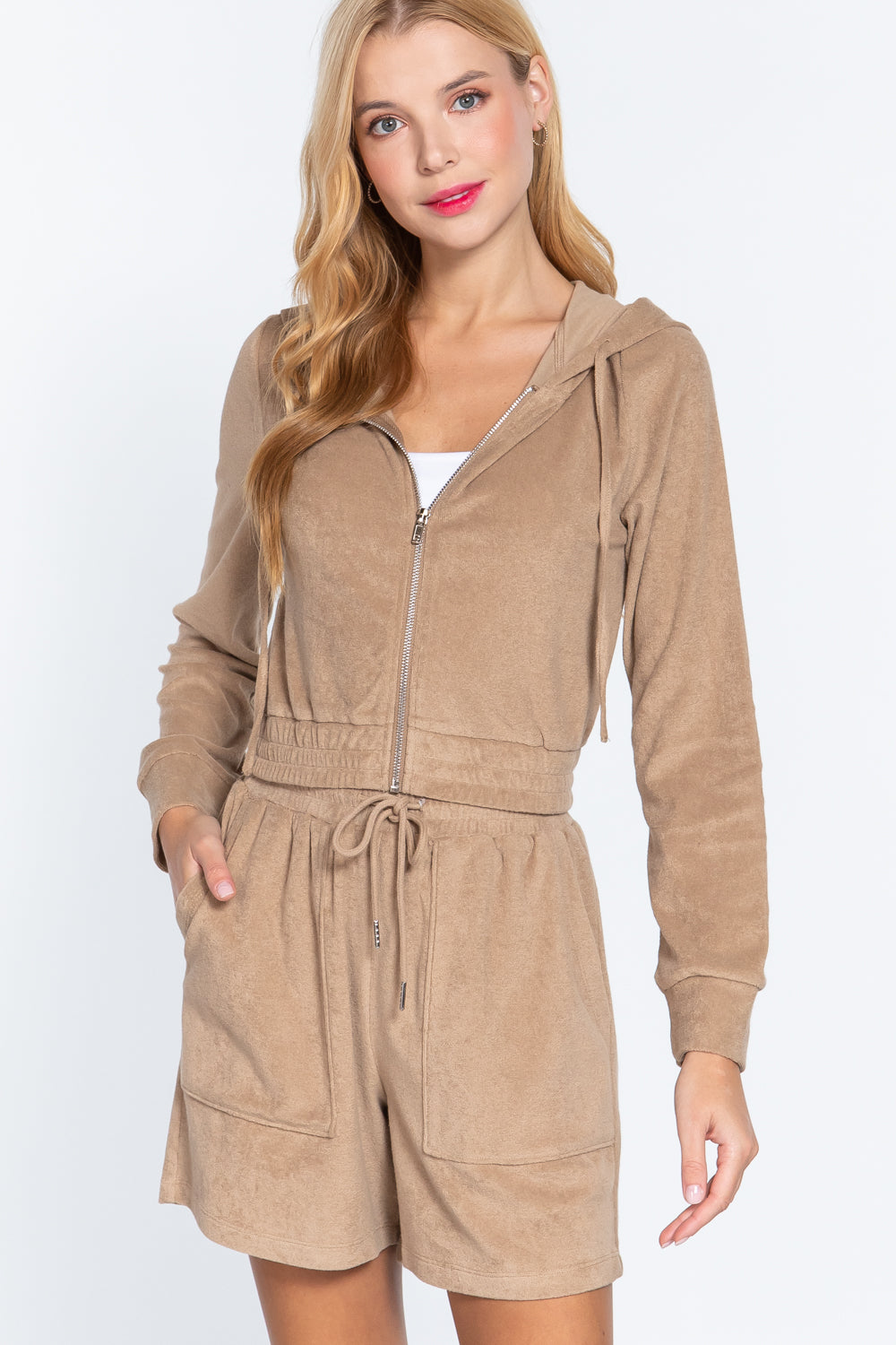 Mocha Brown Zip Up Crop Hoodie Terry Towelling Jacket Coats & Jackets jehouze