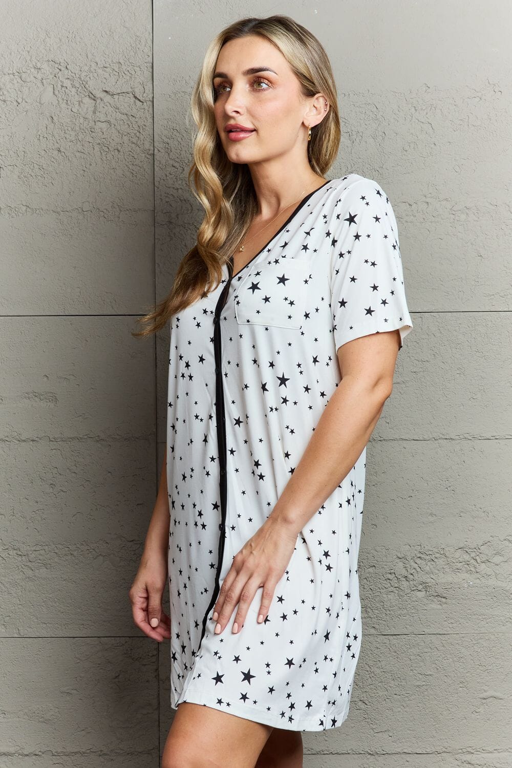 MOON NITE White Star V neck Short Sleeves Quilted Quivers Button Down Sleepwear Stretchy Dress Sleepwear & Loungewear jehouze 