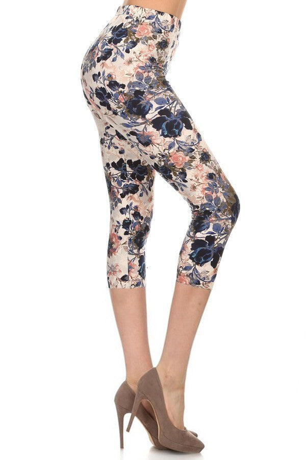 Multi-color Print, Cropped Capri Leggings In A Fitted Style With A Banded High Waist Women's Clothing jehouze