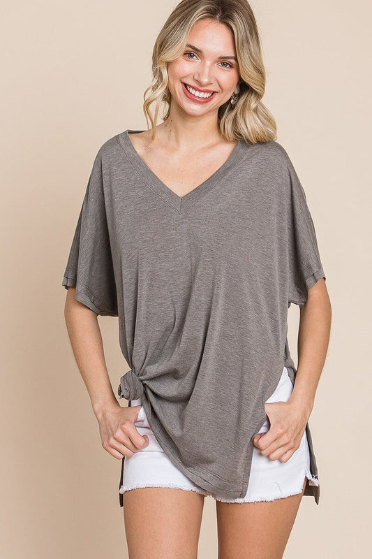Mushroom Grey Solid V Neck Casual And Basic Top With Short Dolman Sleeves And Side Slit Hem Shirts & Tops jehouze
