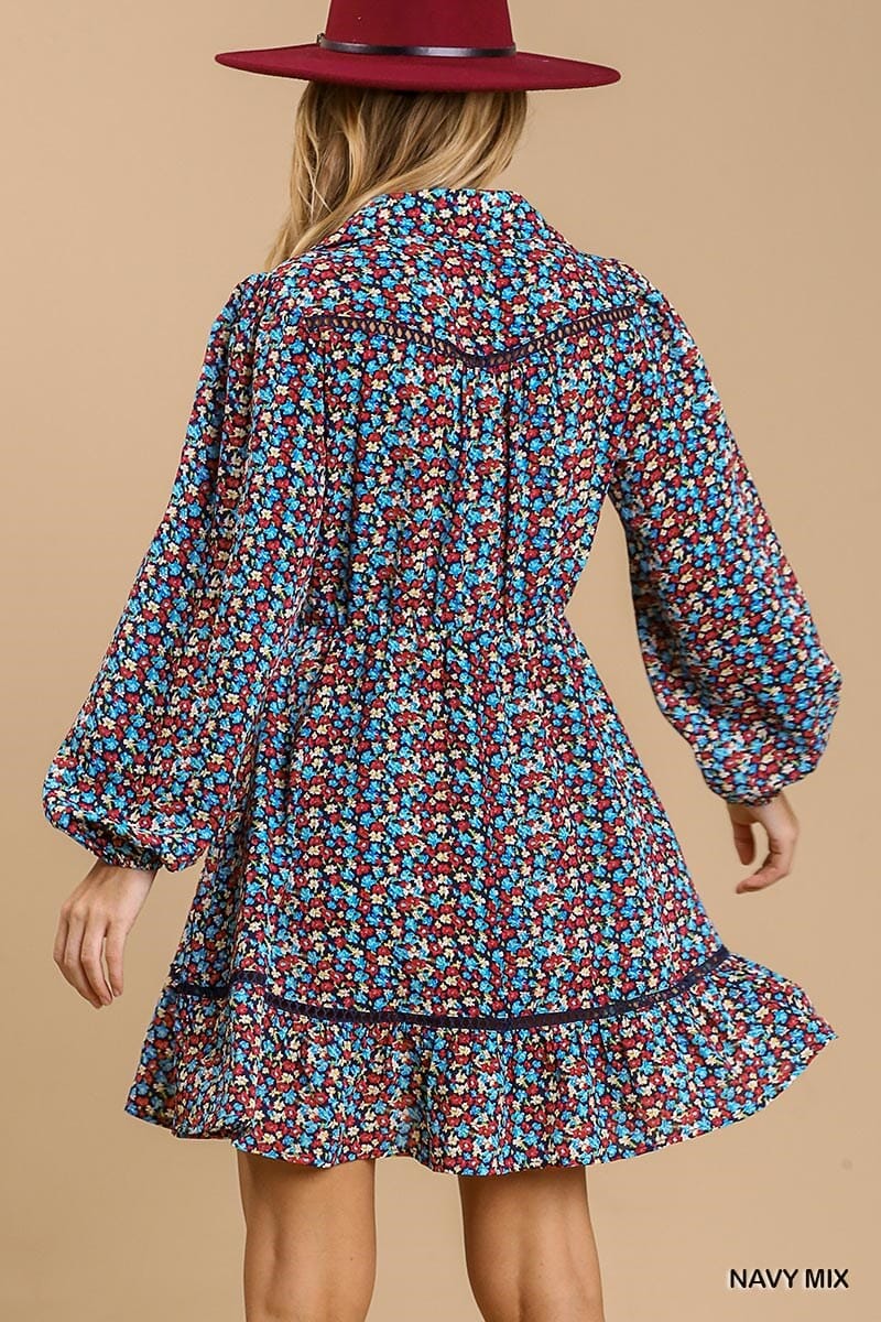 Navy Blue Collared neckline button down floral print dress with crochet trimmed details jehouze