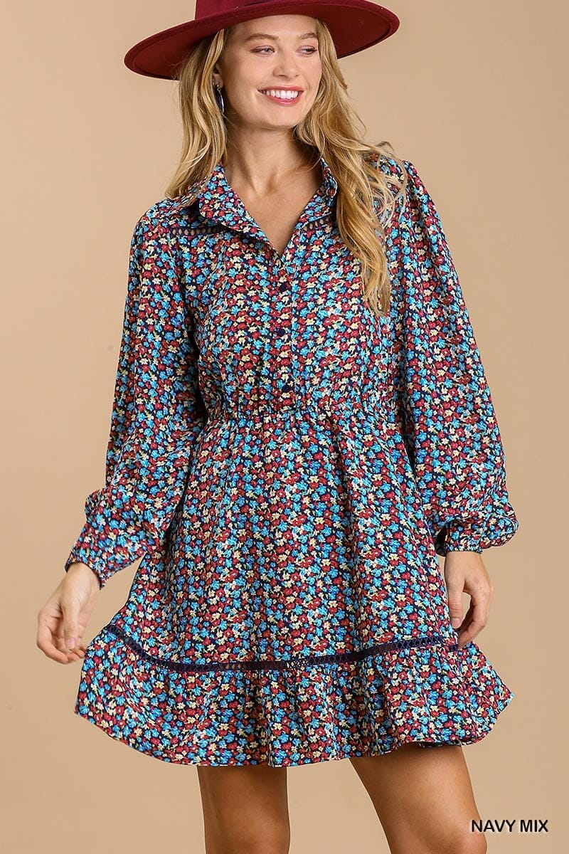 Navy Blue Collared neckline button down floral print dress with crochet trimmed details jehouze