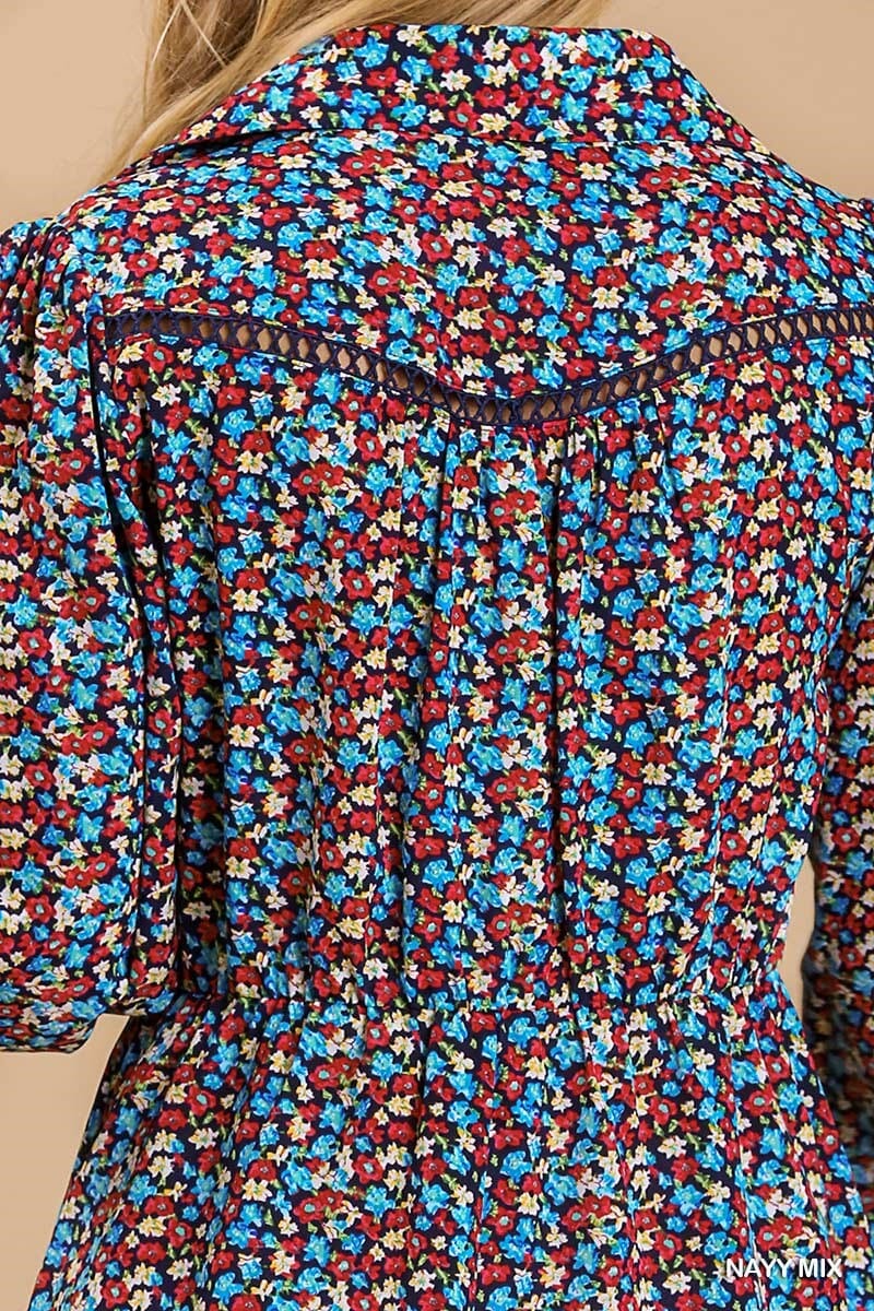 Navy Blue Collared neckline button down floral print dress with crochet trimmed details jehouze