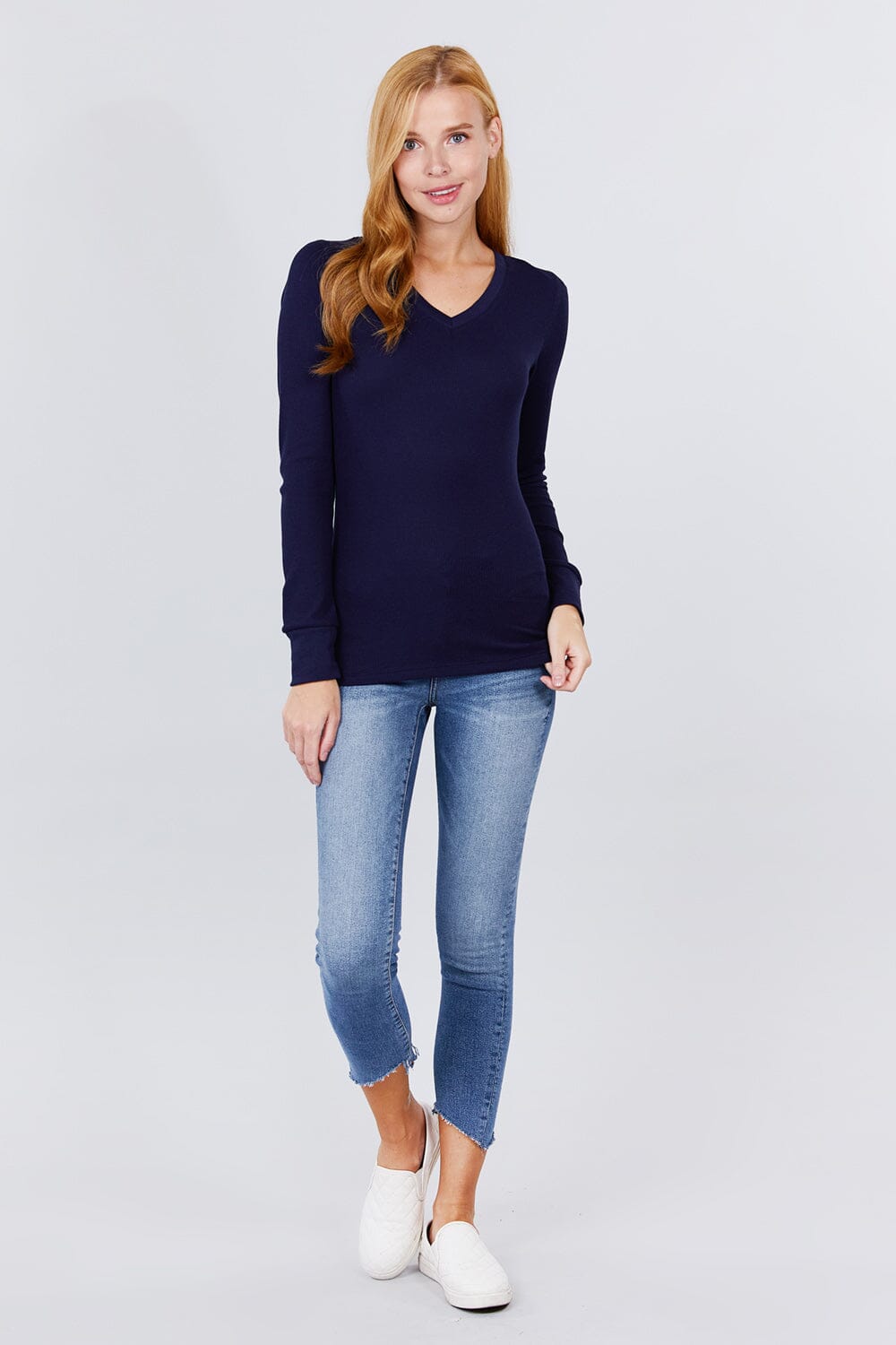 Navy blue Long Sleeve V Neck Thermal Top Shirts & Tops jehouze