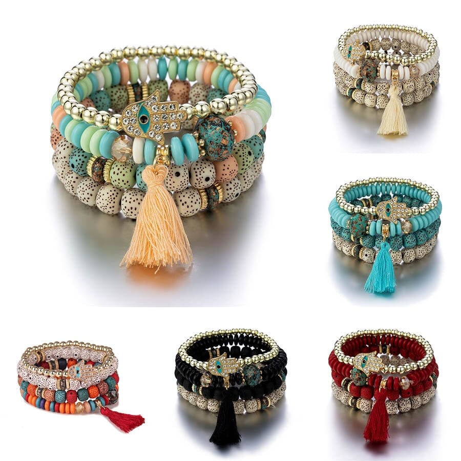 New Evil Eye Tassel Bracelet Set For Women Crystal Fatima Hand Charm Other jehouze