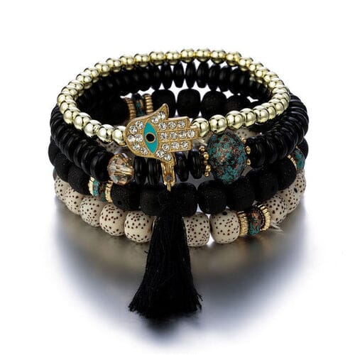 New Evil Eye Tassel Bracelet Set For Women Crystal Fatima Hand Charm Other jehouze Dark Green