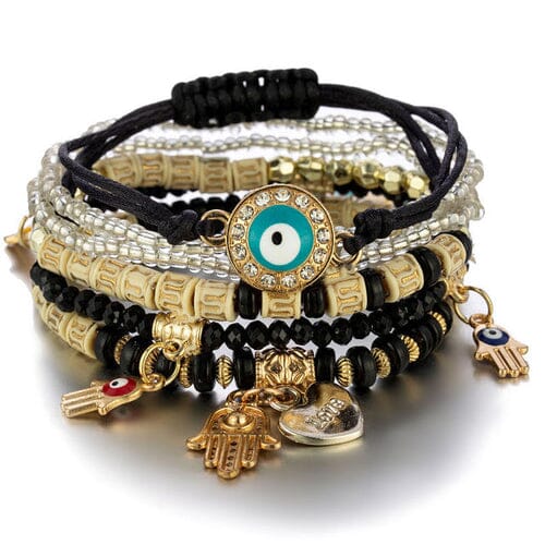 New Evil Eye Tassel Bracelet Set For Women Crystal Fatima Hand Charm Other jehouze Imitation Rhodium Plated