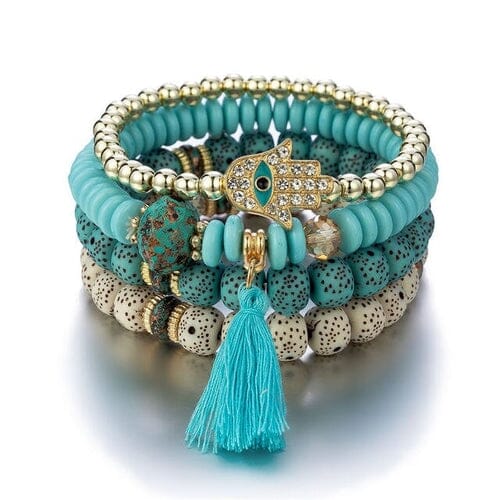 New Evil Eye Tassel Bracelet Set For Women Crystal Fatima Hand Charm Other jehouze Light Yellow Gold Color