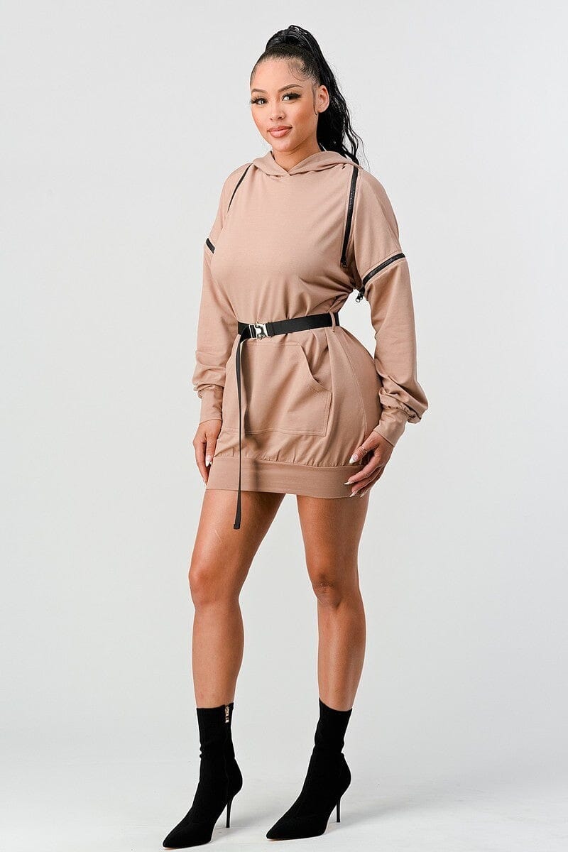 Nude Beige Double Zipper Long Sleeve Hooded Mini Dress jehouze