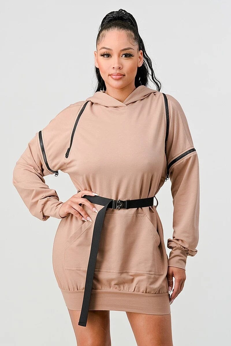 Nude Beige Double Zipper Long Sleeve Hooded Mini Dress jehouze