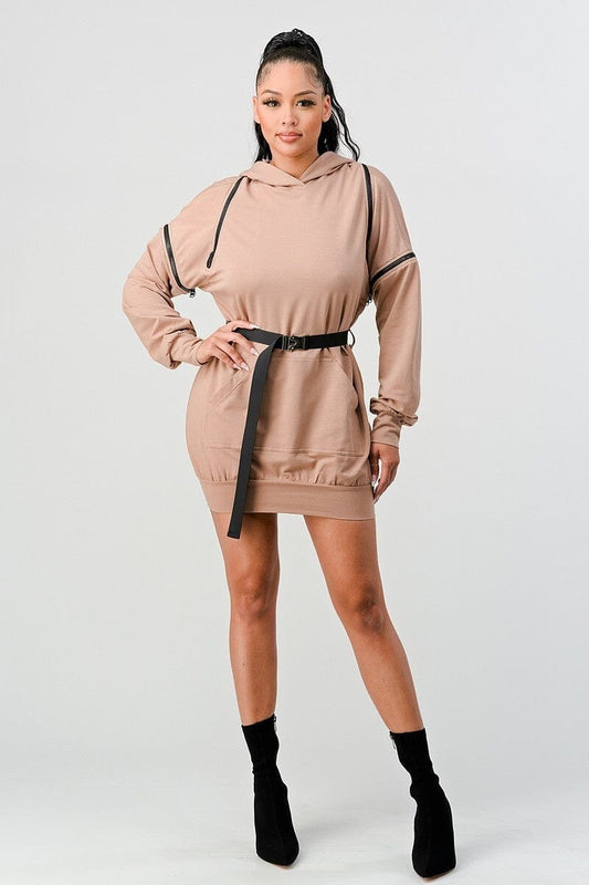 Nude Beige Double Zipper Long Sleeve Hooded Mini Dress jehouze