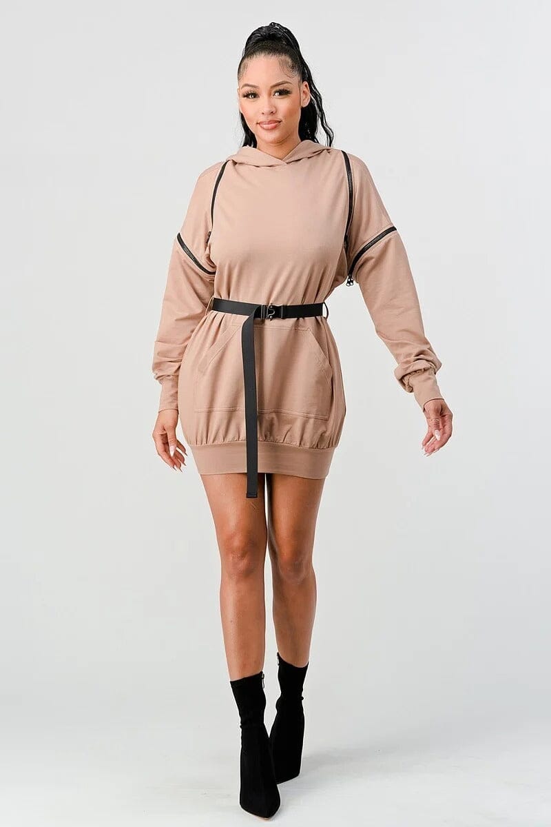 Nude Beige Double Zipper Long Sleeve Hooded Mini Dress jehouze