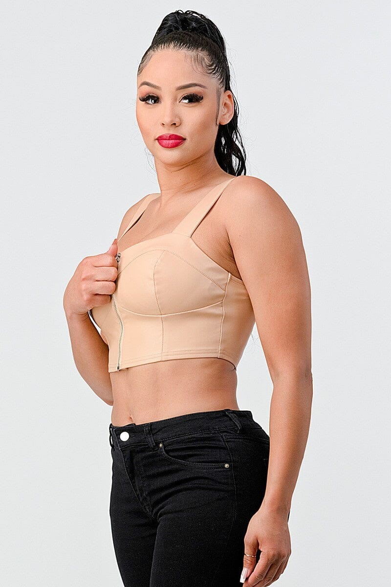 Nude Beige Lux Faux Leather PU Front Zip Strap Sleeveless Cropped Top jehouze