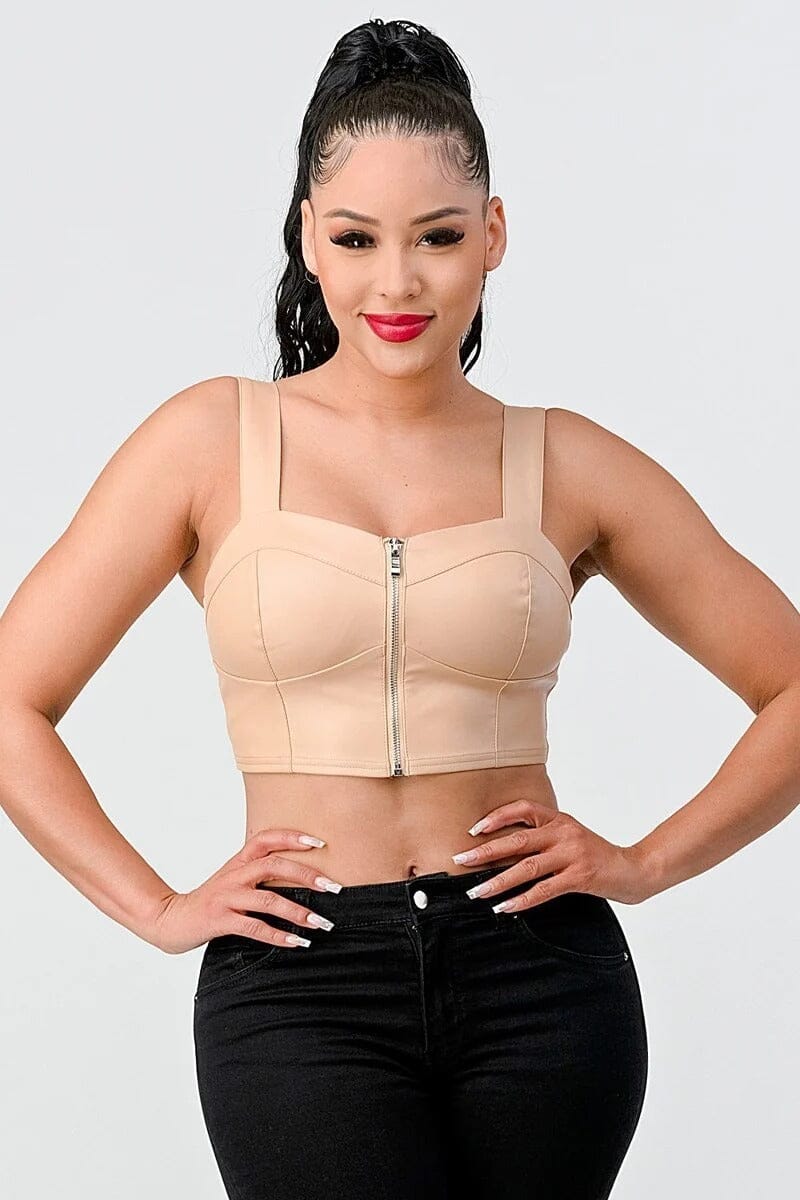 Nude Beige Lux Faux Leather PU Front Zip Strap Sleeveless Cropped Top jehouze