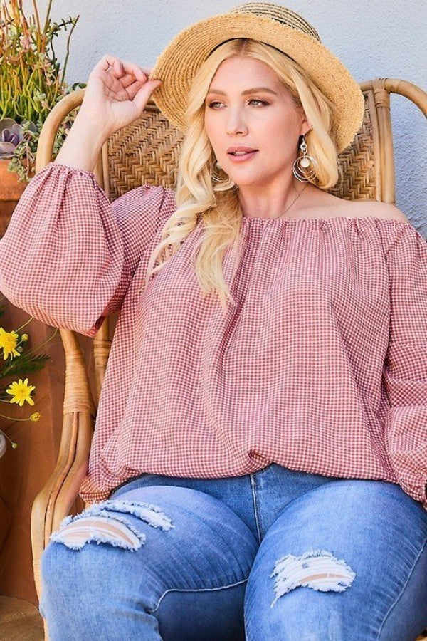 Off Shoulder Long Bubble Sleeve Plaid Top Shirts & Tops jehouze