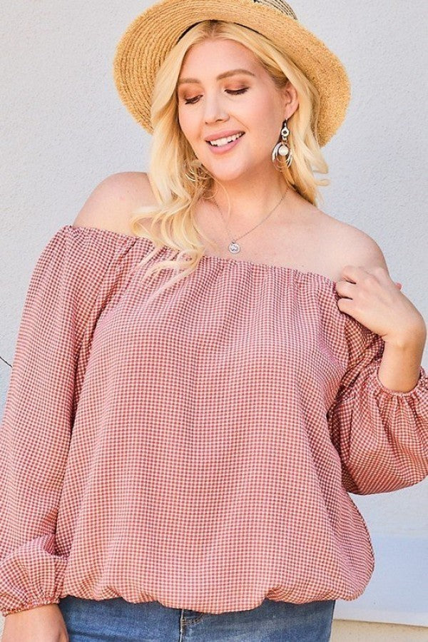 Off Shoulder Long Bubble Sleeve Plaid Top Shirts & Tops jehouze