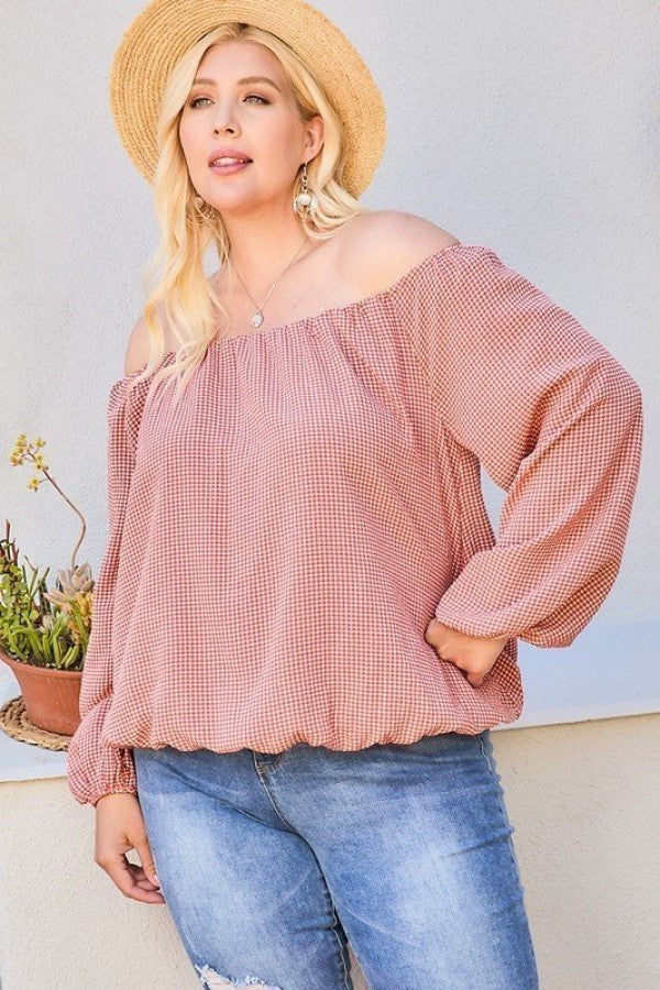 Off Shoulder Long Bubble Sleeve Plaid Top Shirts & Tops jehouze