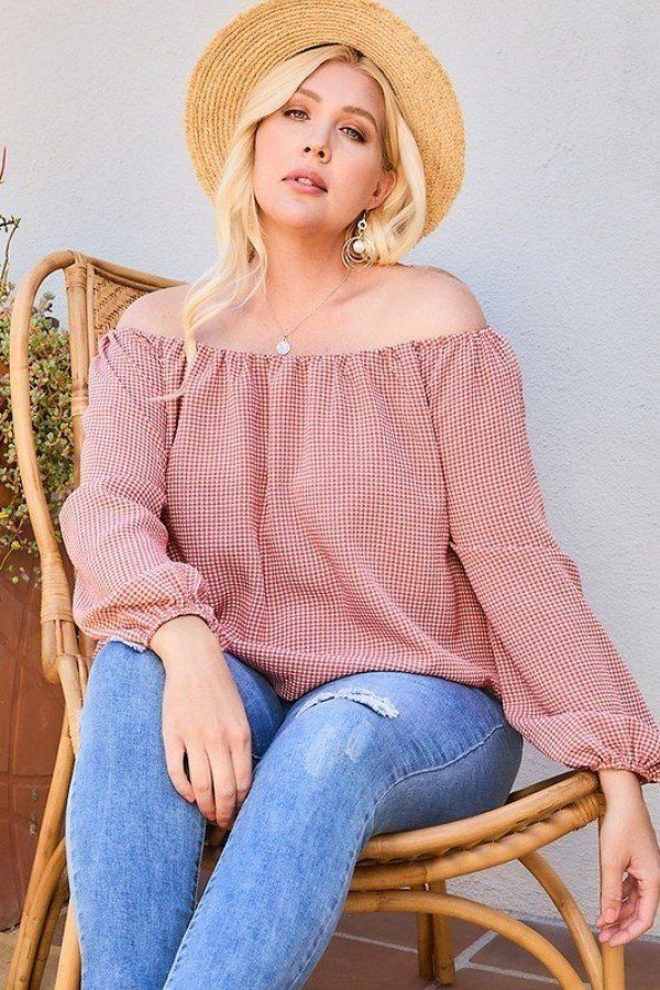Off Shoulder Long Bubble Sleeve Plaid Top Shirts & Tops jehouze
