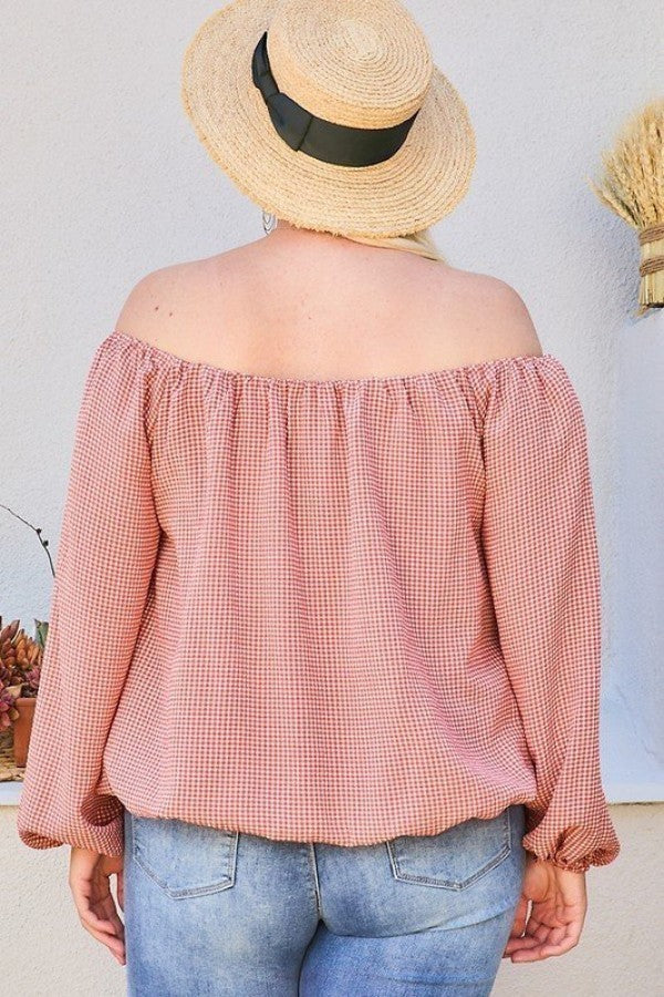 Off Shoulder Long Bubble Sleeve Plaid Top Shirts & Tops jehouze