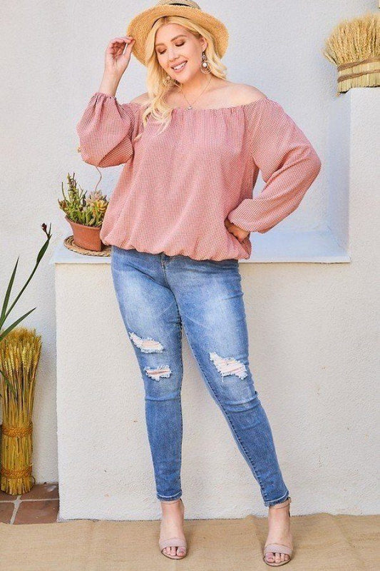 Off Shoulder Long Bubble Sleeve Plaid Top Shirts & Tops jehouze