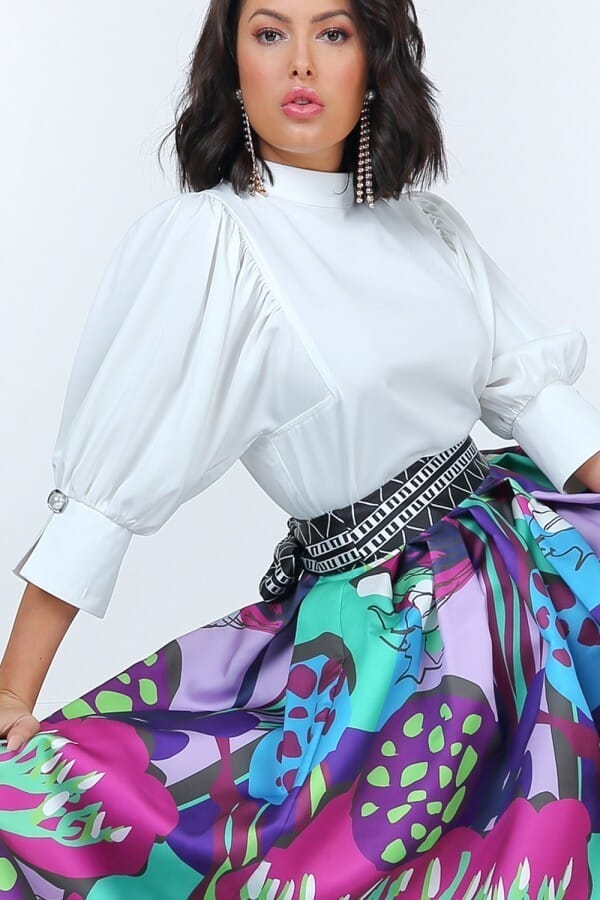 Off White Mock Neck Puff Sleeve Blouse With Pearl Buttons Tops Shirts & Tops jehouze