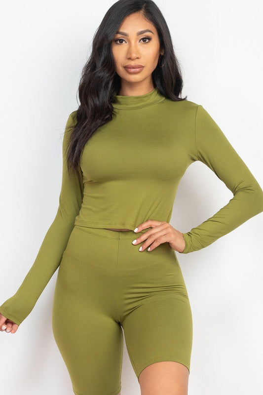 Olive Green 2pcs Mock Neck Long Sleeve Top & Biker Shorts Activewear Set jehouze