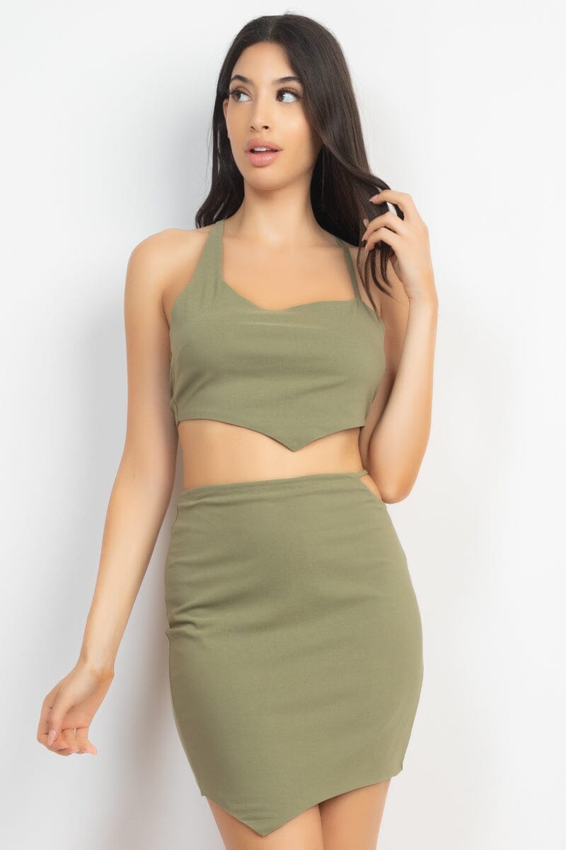 Olive Green Asymmetrical Cross Back Top & Skirts Set Matching Sets jehouze