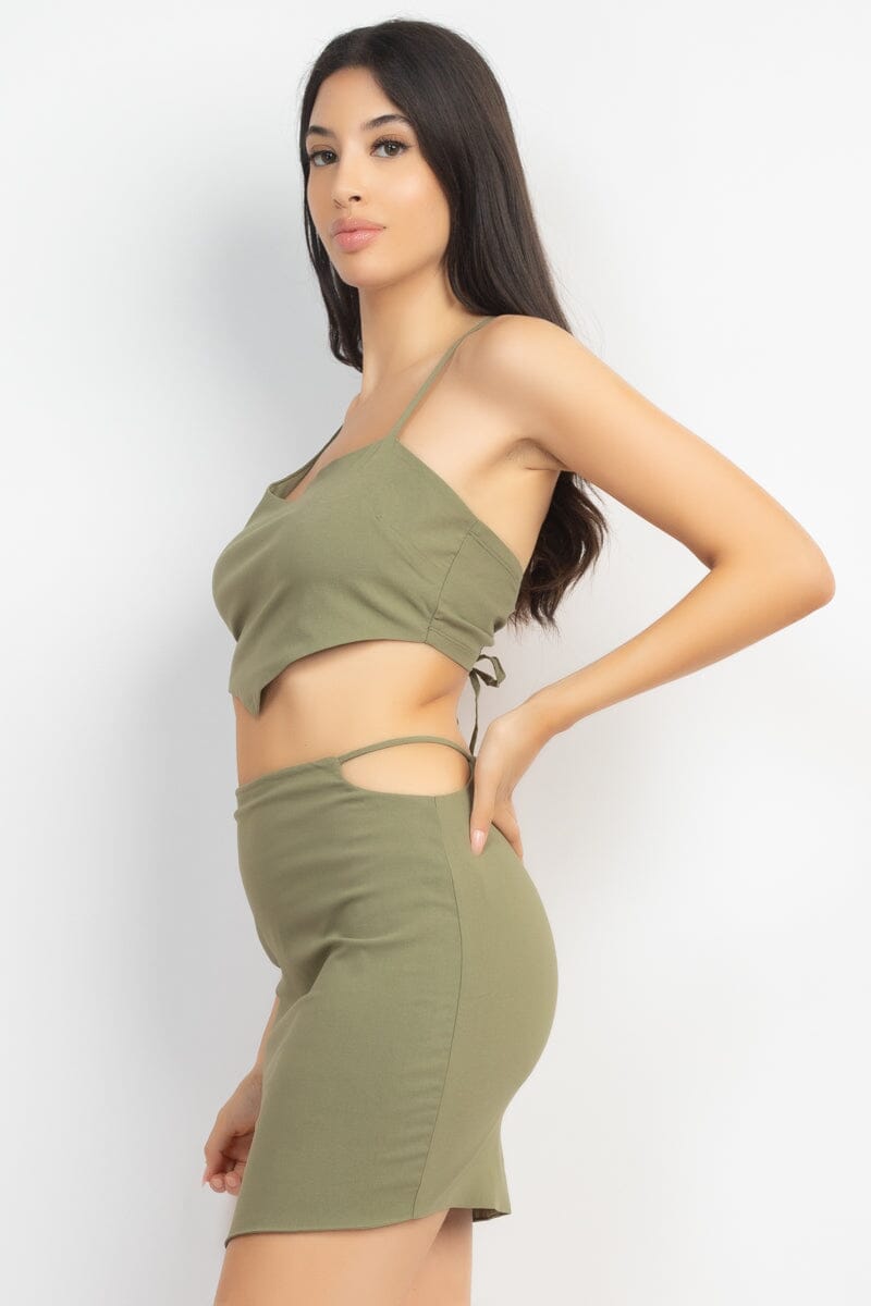 Olive Green Asymmetrical Cross Back Top & Skirts Set Matching Sets jehouze