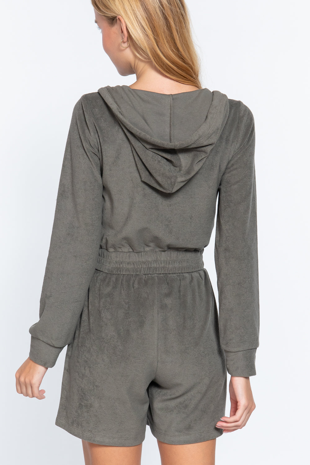 Olive Green Zip Up Crop Hoodie Terry Towelling Jacket Coats & Jackets jehouze