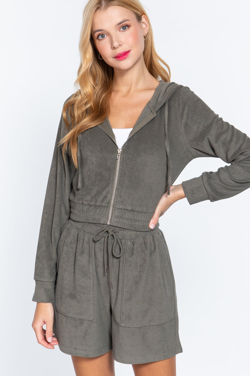 Olive Green Zip Up Crop Hoodie Terry Towelling Jacket Coats & Jackets jehouze