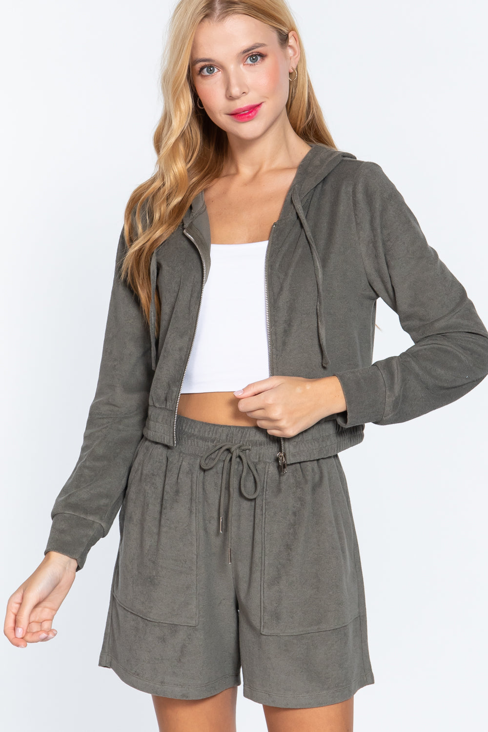 Olive Green Zip Up Crop Hoodie Terry Towelling Jacket Coats & Jackets jehouze