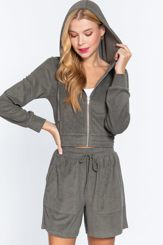 Olive Green Zip Up Crop Hoodie Terry Towelling Jacket Coats & Jackets jehouze