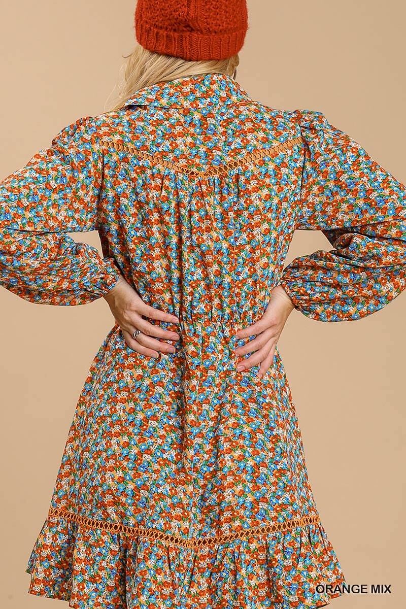 Orange Collared neckline button down floral print dress with crochet trimmed details jehouze
