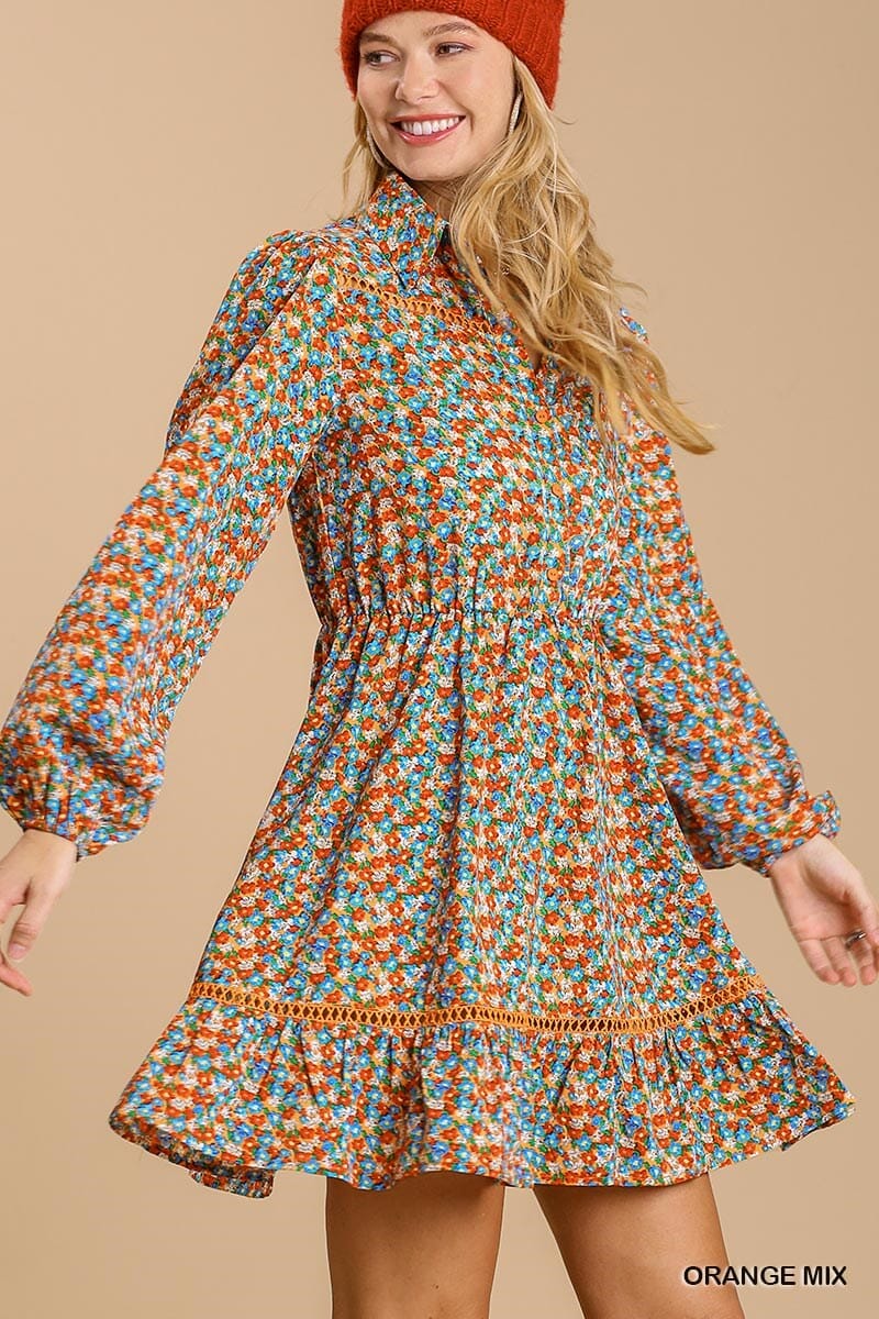Orange Collared neckline button down floral print dress with crochet trimmed details jehouze