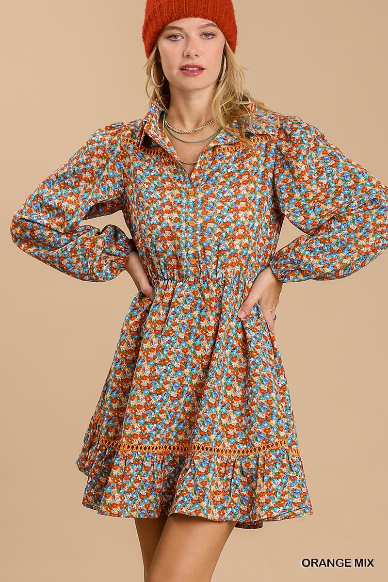 Orange Collared neckline button down floral print dress with crochet trimmed details jehouze