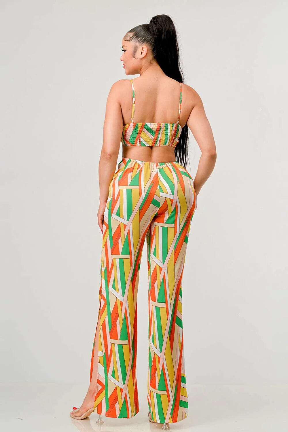 Orange Luxe geo Spaghetti Strap satin bra top and palazzo jumpsuit Jumpsuits & Rompers jehouze