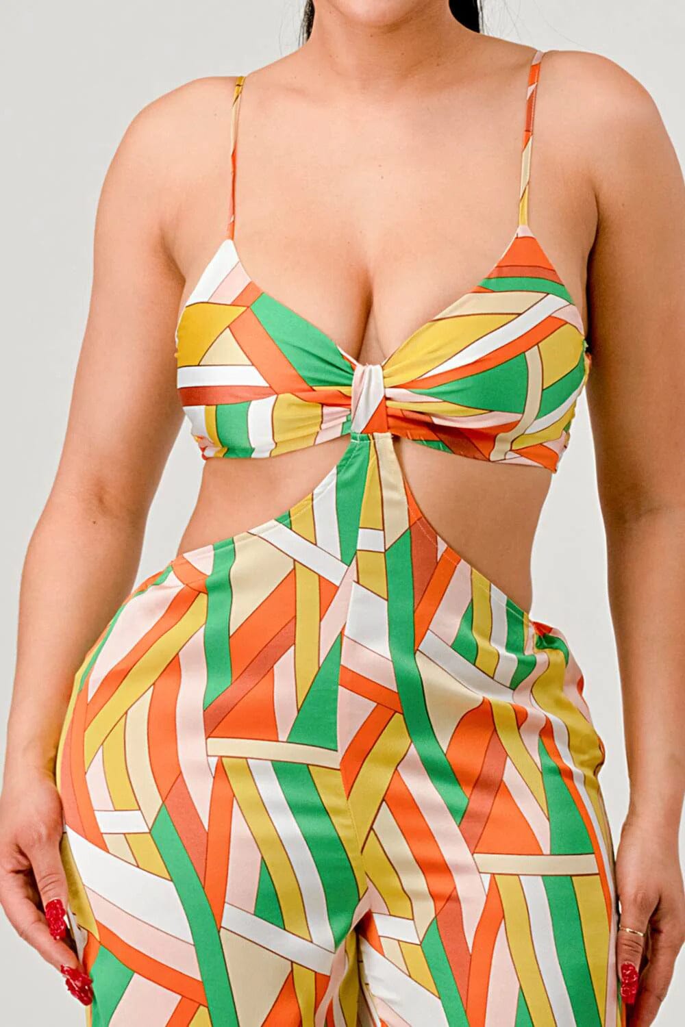 Orange Luxe geo Spaghetti Strap satin bra top and palazzo jumpsuit Jumpsuits & Rompers jehouze